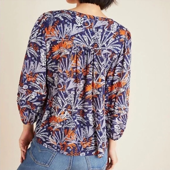 Maeve By Anthropologie Cathy Pleated Blouse with Blue and Orange Jungle Print XS - Picture 3 of 16